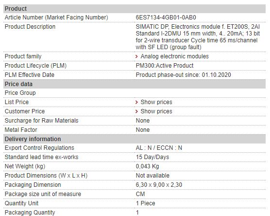 6ES7134-4GB01-0AB0 6ES7 134-4GB01-0AB0 Siemens Analog Input Module