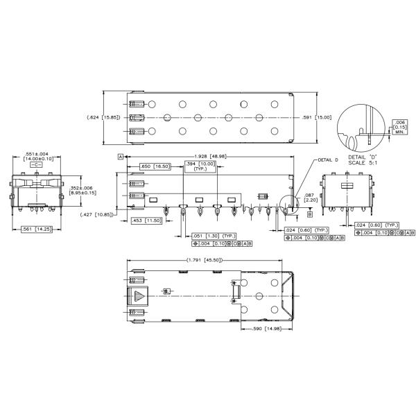 Right Angle SFP Single Cage with 8 press fit/12 EMI Pins U77-A1118-XXOX