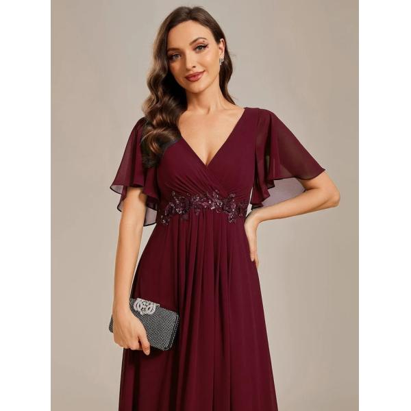 Sexy Empire Applique A-line Short Flutter Sleeves V-neck Invisible Zipper Burgundy Chiffon Prom Dress