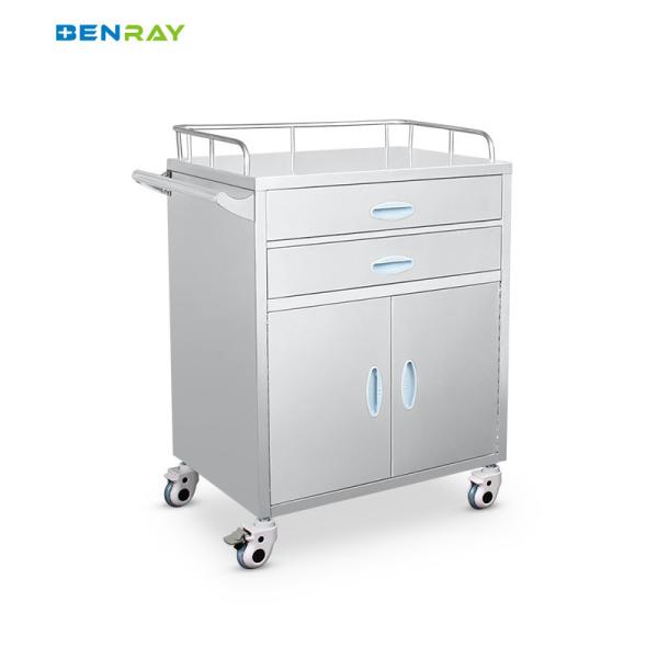 Hospital 2 Drawers And 1 Cabinet Stainless Steel Medical Medicine Trolley