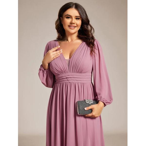 Plus Size Enchanting Lotus Leaf Lantern Sleeve Pleated Empire High Waist A-line Purple Orchid Chiffon Homecoming Dress