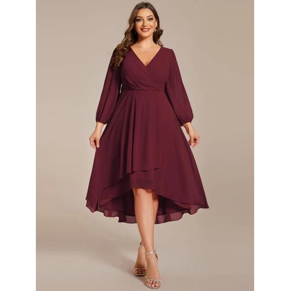 Plus Size Ruffled A-line Long Sleeve V-neck High Low Wedding Guest Burgundy Chiffon Bridesmaid Dress