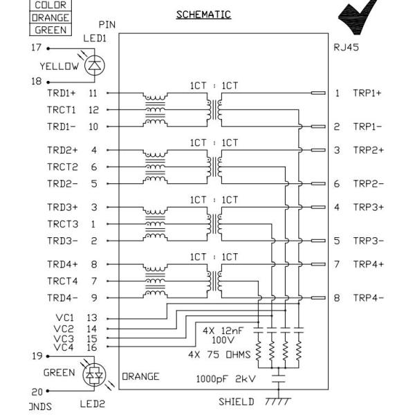 0826-1X1T-M1-F POE RJ45 MagJack 1x1 Port 1000 Base-T Tab Up With OG/Y Led RoHS
