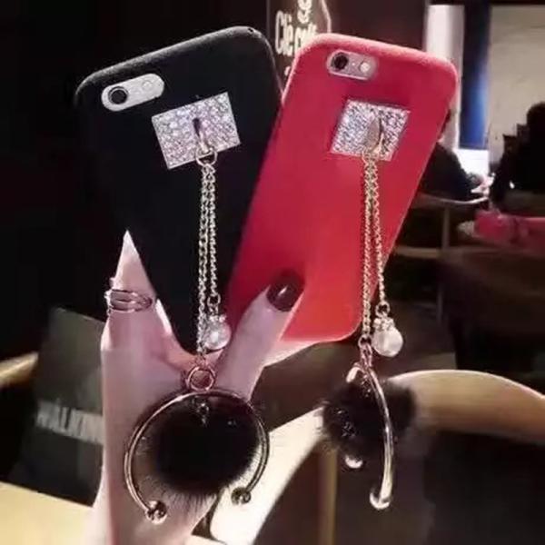PU Drill Metal Buckle Pearl Small Hairball Chain Strap Cell Phone Case Cover for iPhone 7 6s Plus