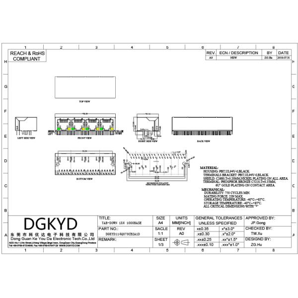 1 x 4 quad port gigabit ethernet magnetics jack RJ45 connector G/Y LED RoHS compliance