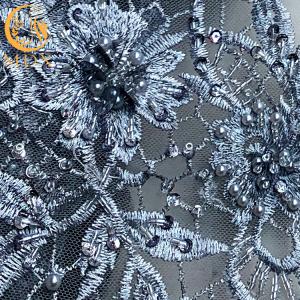 Stylish Customized Grey Lace Fabric Mesh Embroidered Beaded Bridal Fabric