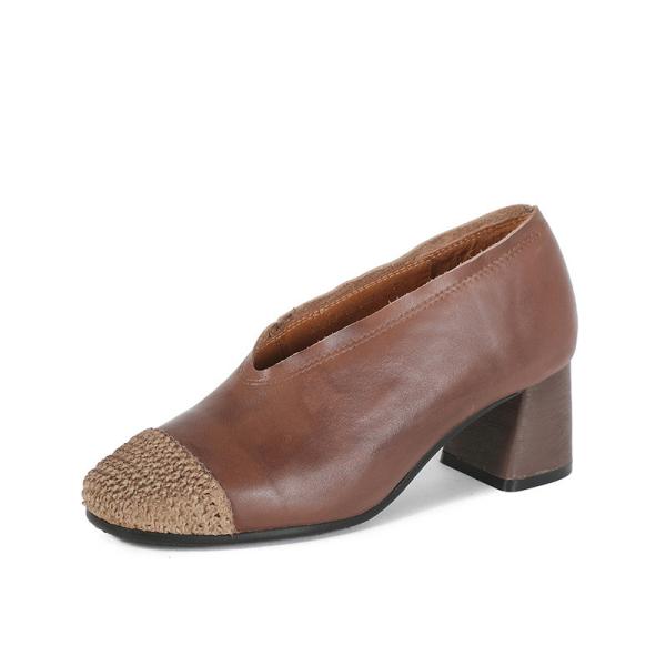 Buy S408 New retro stitching woven thick high-heeled leather women's shoes, simple and elegant style shoes at wholesale prices