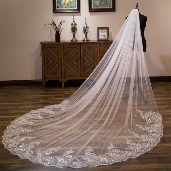 Unique Customized 3m Wholesale Long Cathedral Appliqued Lace Sequins Tulle Bridal Wedding White Veil With Hair Comb