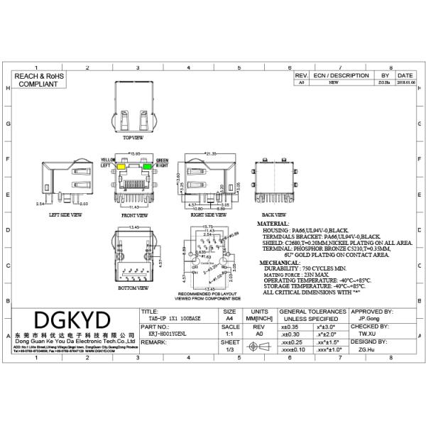 KRJ-H001YGENL single port RJ45 Magnetics jack, Side Entry 100Mb rj45 8p8c connectors