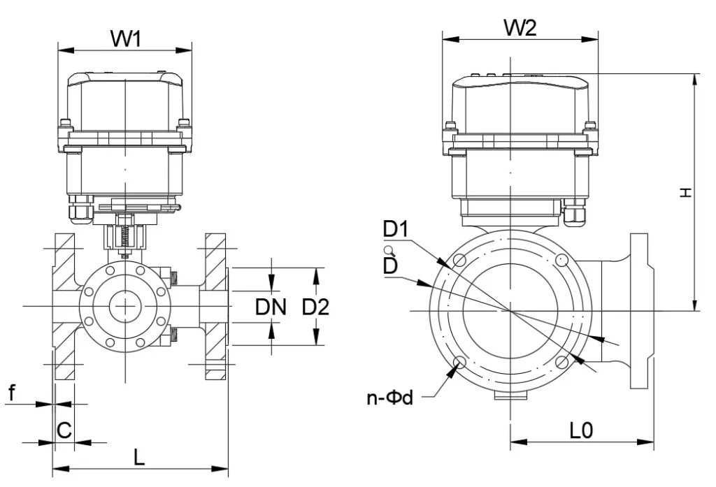 Flange Three Way Ball Valve dimension diagram
