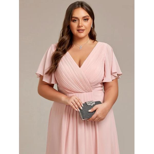 Chic V-neck High-low Short Flutter Sleeves A-line Ruffles Midi Invisible Zipper Pink Chiffon Wedding Guest Evening Dress