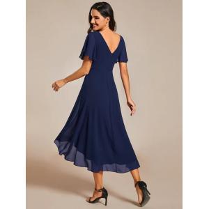 Chic V-neck High-low Short Flutter Sleeves A-line Ruffles Midi Invisible Zipper