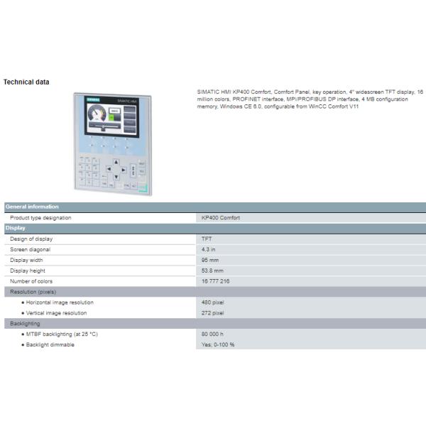 6AV2124-1DC01-0AX0 SIMATIC HMI KP400 Comfort Panel Key Operation 4" Widescreen TFT Display