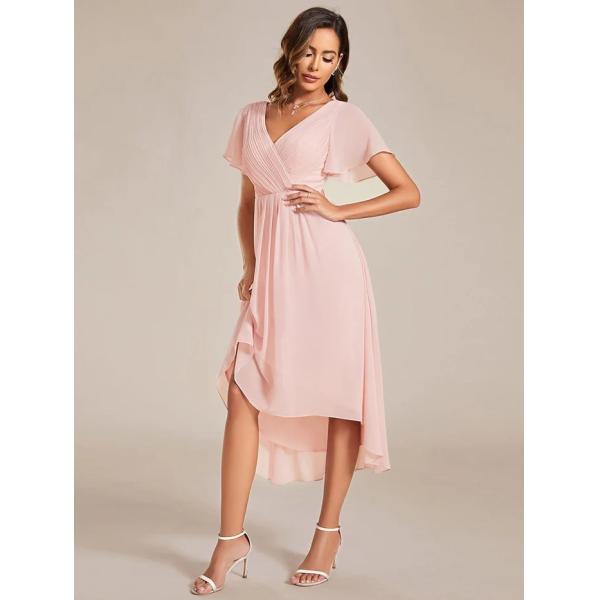 Chic V-neck High-low Short Flutter Sleeves A-line Ruffles Midi Invisible Zipper Pink Chiffon Wedding Guest Evening Dress