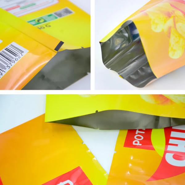 Laminated Yellow Glossy Food Grade Plastic Bags For Potato Chips Heat Sealing Aluminum Foil Back Side Seal Bag For Snack Package