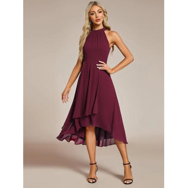 A Line Sleeveless Halter Neck Wedding Guest Dress Burgundy Chiffon Cocktail Dresses