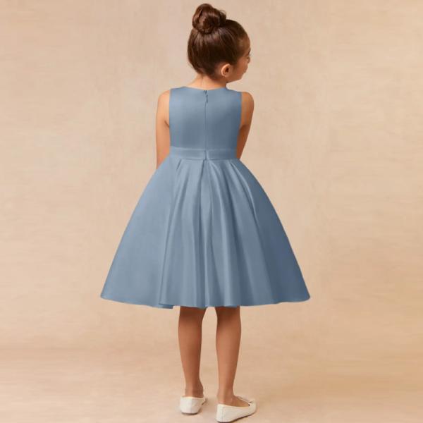 Lovely Girl Kids Dress Blue Satin OEM ODM Baby Flower Girl Dresses Sleeveless Round Neckline Knee-length Ruffles Ball Go