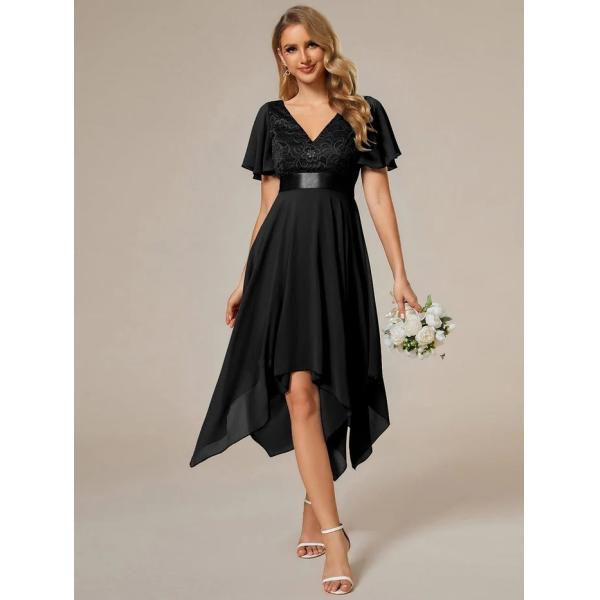 Asymmetrical Hem V-neck Empire Waist A-line Short Sleeves Knee-length Black Lace Chiffon Evening Dress