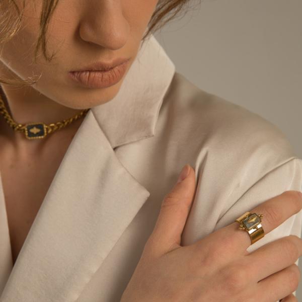 Opening Adjustable Gold Plated Band Rings Geometric Natural Turquoise Gemstone