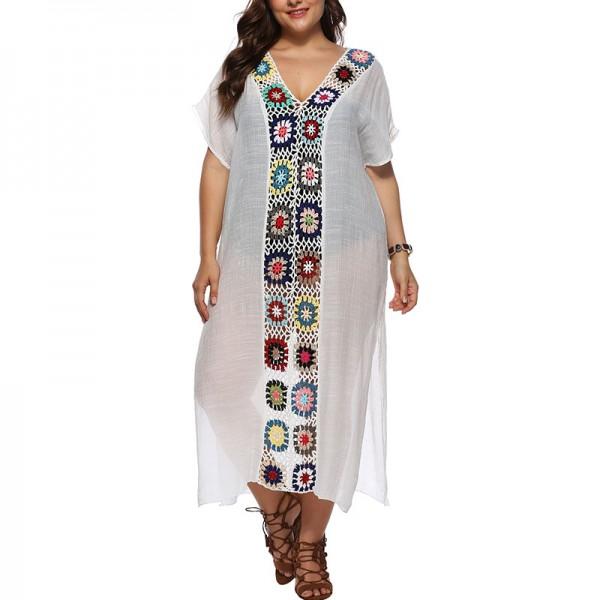 Women white see-through beach kimono style maxi dress with flower print