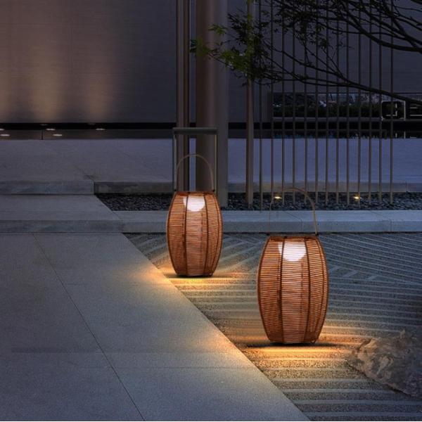 Outdoor Rattan Shade Floor Lamp Solar Powered IP65 Waterproof