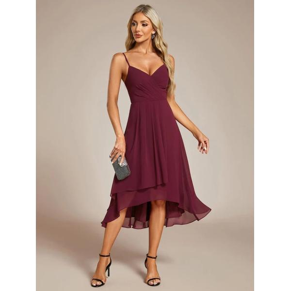 Sexy Elegant V-neck Spaghetti Strap High-low Chiffon Wedding Guest Dress Burgundy Cocktail Dresses
