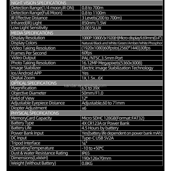 50mm/F1.0 Objective Diameter 39X High Resolution WIFI Digital Night Vision Binoculars