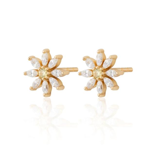 925 Sterling Silver 18K Gold Plated Flower Design Stud Earrings with Marquise Cut and Claw Setting