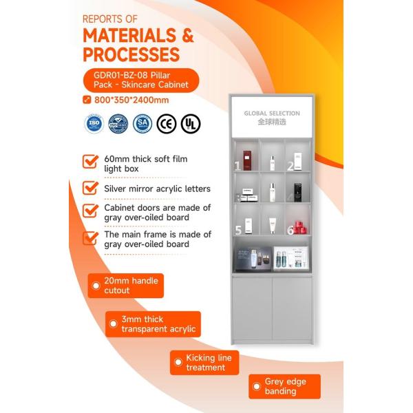 GDR01-BZ-08 Skincare Display Pillar with Grey Over-Oil Board and Soft Film Light Box for High-End Brand Sales Counters