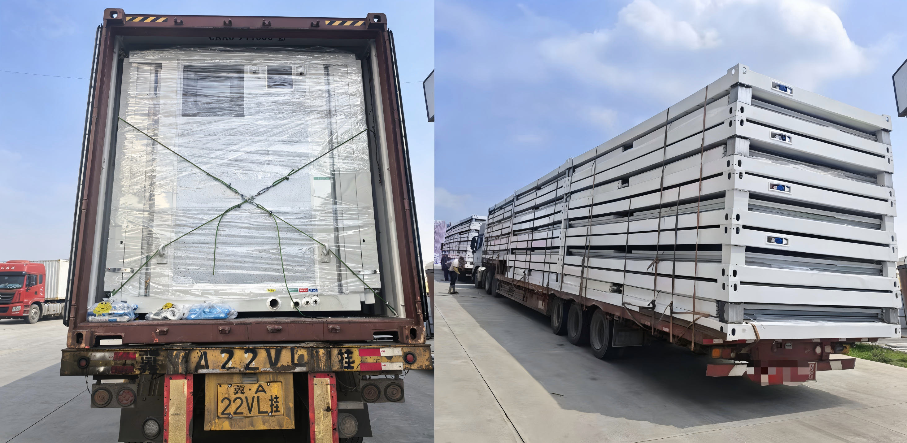 Glamping tent components packed securely in shipping containers