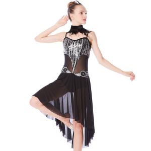 MiDee Lyrical Dress Modern Dance Costumes Heavy Sequins Silver/Back With Feather