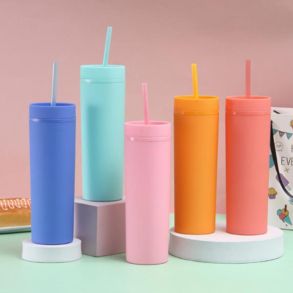 Buy 16oz Double Wall Plastic Acrylic Tumblers Reusable With Straw at wholesale prices