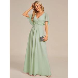 Sexy Empire Applique A-line Short Flutter Sleeves V-neck Invisible Zipper Dusty