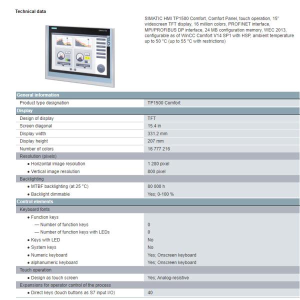 6AV2124-0QC02-0AX1 Siemens SIMATIC HMI TP1500 Comfort Panel 15'' Widescreen TFT Display