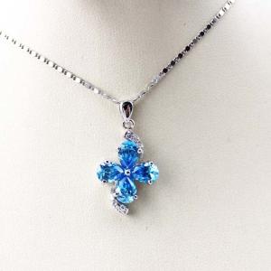 China Sterling Silver  Chain Necklace with Blue Cubic Zirconia Quatrefoil Charm Pendant(P05) on sale