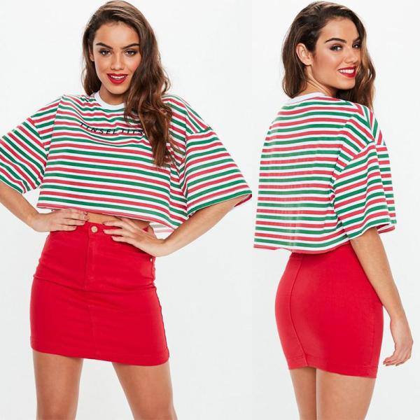 Buy Green Trendy Women Clothing Stripe Cropped T Shirt at wholesale prices