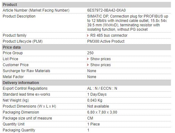 6ES7972-0BA42-0XA0 6ES7 972-0BA42-0XA0 Siemens Profibus Connector