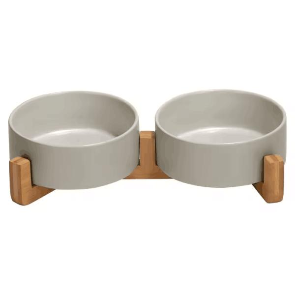 Wood Stand Non-Slip Matte Glaze Weighted Food Water Set for Cats &Small Dogs