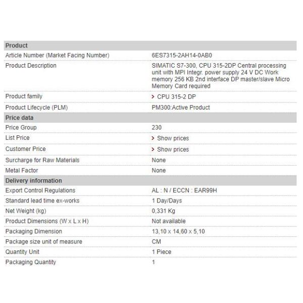 6ES7315-2AH14-0AB0 Siemens CPU 315-2DP Processor Module