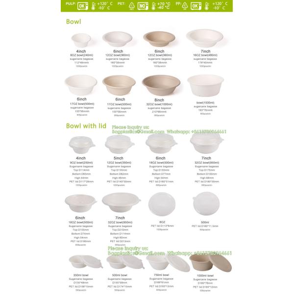 Customized Food Grade Biodegradable Disposable 1000ml 90mm Tall Sugarcane Bagasse Bowl With Lid