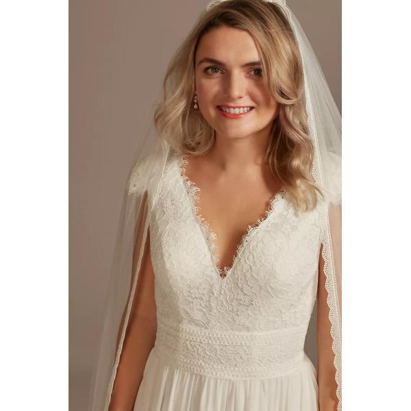 Sexy Eyelash Lace Illusion Back Sweep Train Plus Size A-line Zipper Ruffle Cap Sleeve V-neck White Chiffon Wedding Dress