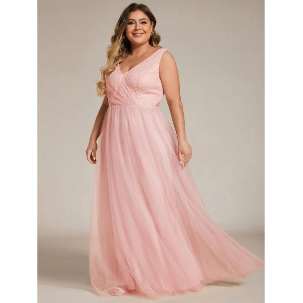 Elegant V-neck Sleeveless Two Straps Empire A-line Plus Size Pink Lace And Tulle Bridesmaid Dress