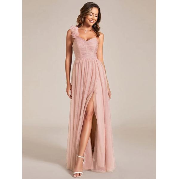 Elegant One-shoulder Sweetheart Ruffled A-line Zipper Pleated High Slit Tulle Pink Bridesmaid Dress