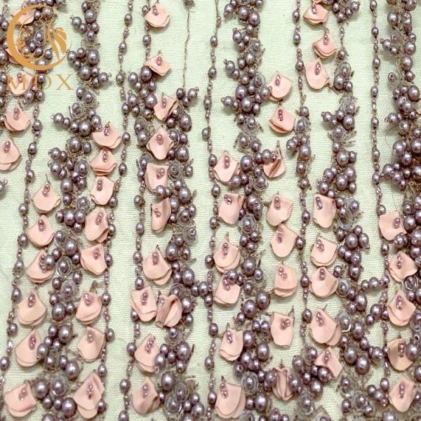 Purple 3D Flower Lace Fabric With Beaded Embroidery On Nylon Mesh