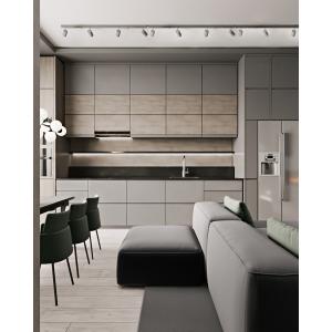 Classic Transitional PET Kitchen Cabinets Fitted Gray Kitchen Set Customized