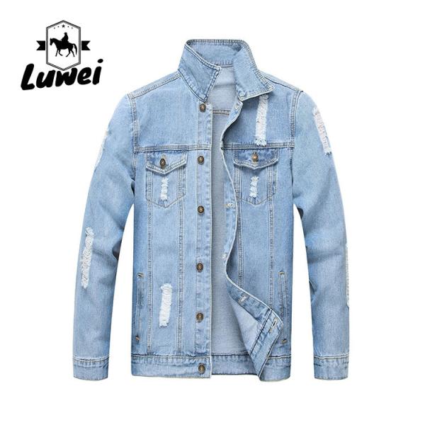 Buy Fashion Designer Casual Polyester Cotton Utility Lapel Button Slim Fit Mens Outdoor Streetwear Hole Denim Jacket at wholesale prices