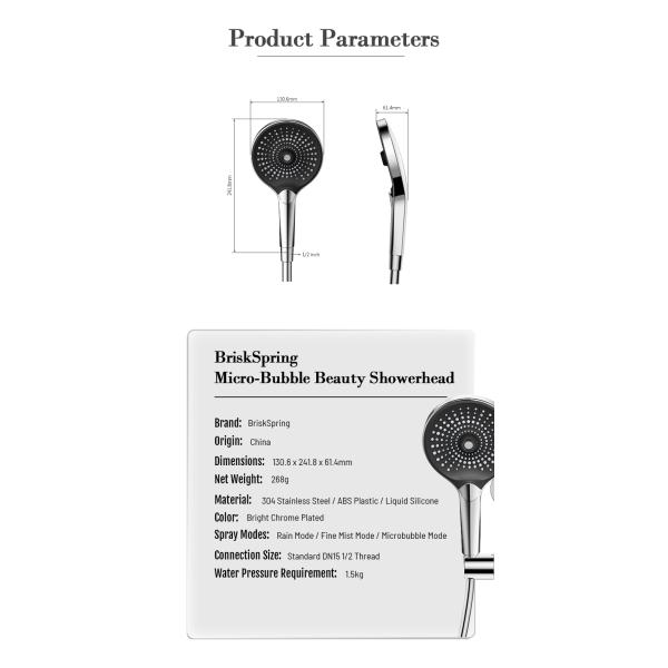 Spa Microbubble Shower Head with G1/2 Universal Connector – Antibacterial Silicone Nozzles, 3-Function Modes, ABS + 304 Stainless Steel