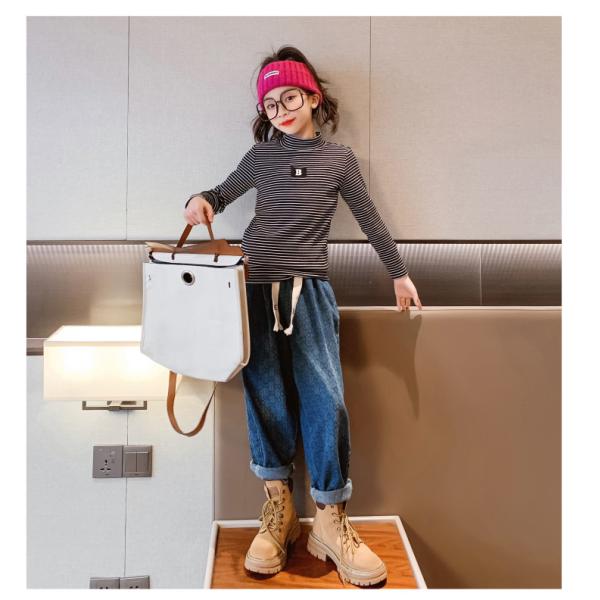 Embroidered Thermal Childrens Spring Clothes Striped Long Sleeve Shirt Turtleneck