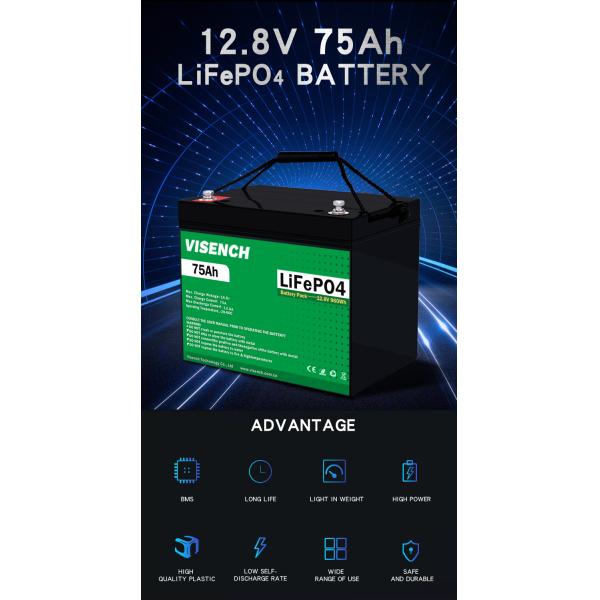 Visench 5000 Deep Cycle 12V 75Ah Lithium Iron Phosphate Battery Lifepo4 Battery For Campers Rv Solar Energy System
