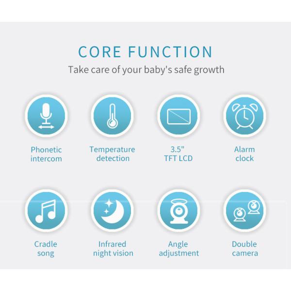 3.5" 720P Baby Monitor Cry Warning Temperature Test Alarm Setting Babyphone